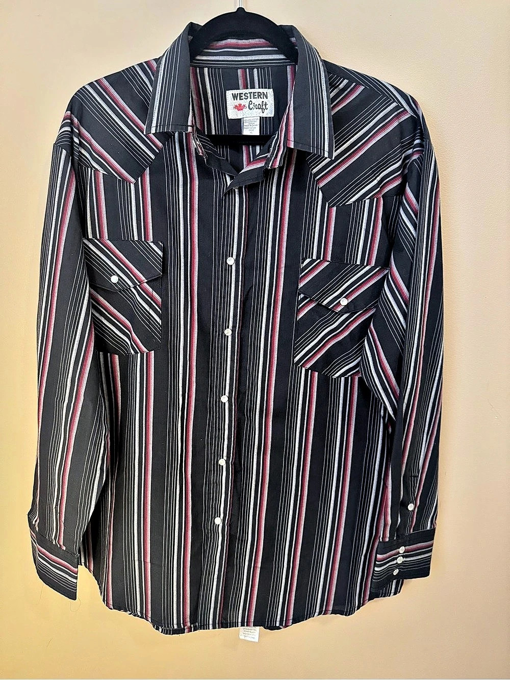 WESTERN CRAFT MWG Men's Pearl Snap Striped Western Shirt Black Red XL